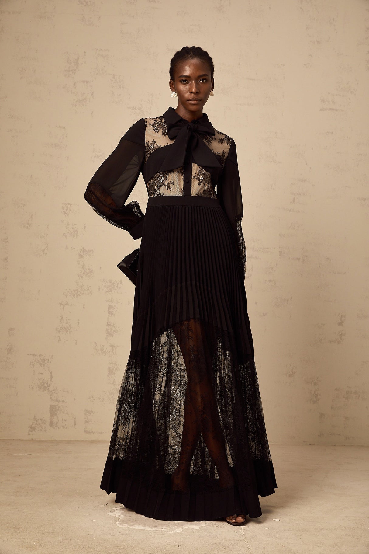 Aurohaya Ségolène black floral-lace-panel pleated maxi dress