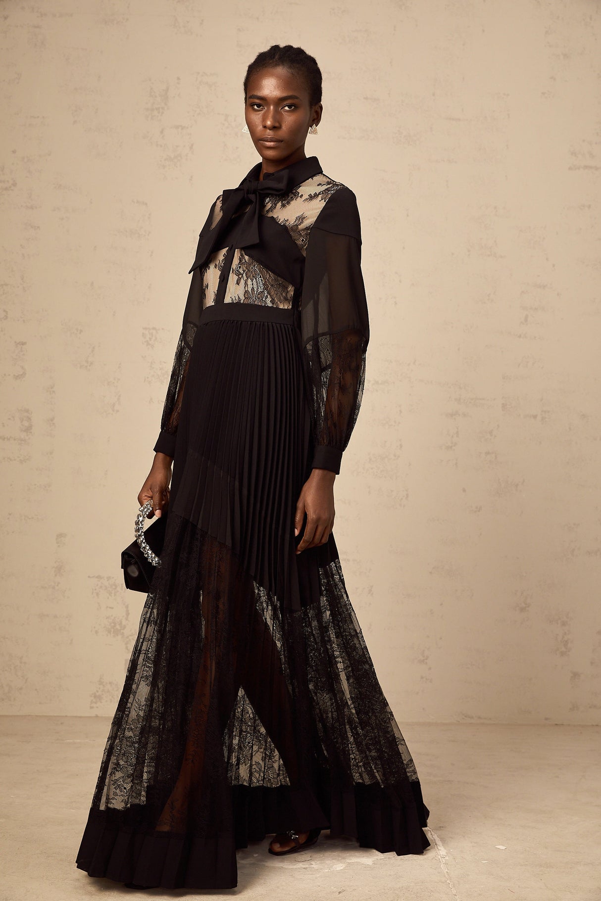 Aurohaya Ségolène black floral-lace-panel pleated maxi dress