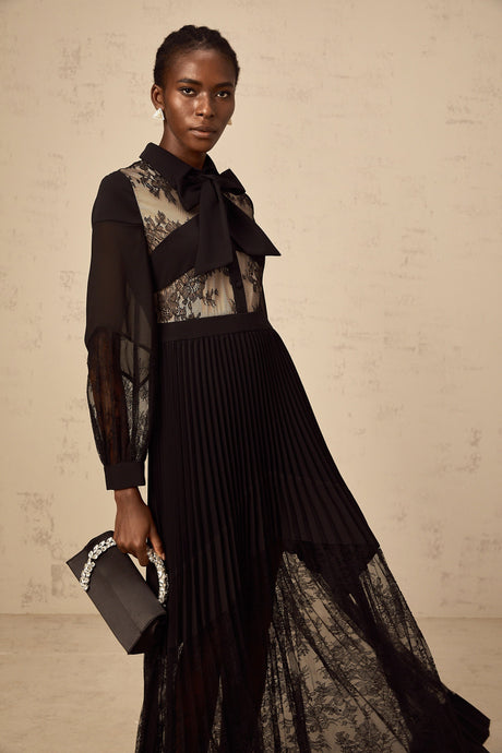 Aurohaya Ségolène black floral-lace-panel pleated maxi dress