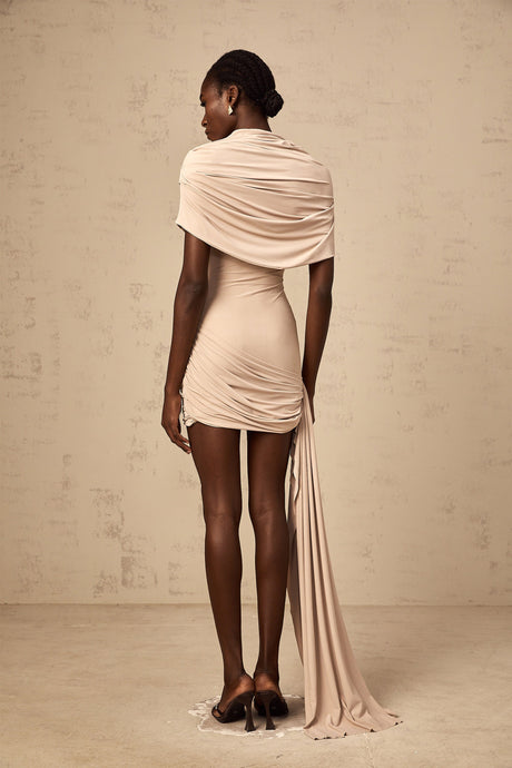 Aurohaya Gaëlle neutrals cape-design ruched fitted mini dress