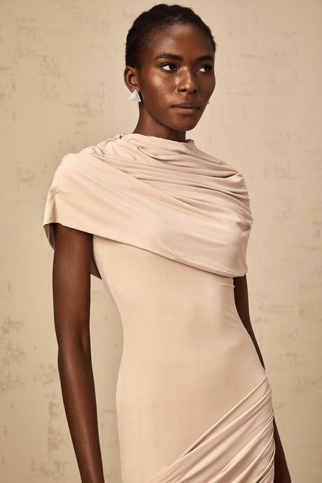 Aurohaya Gaëlle neutrals cape-design ruched fitted mini dress