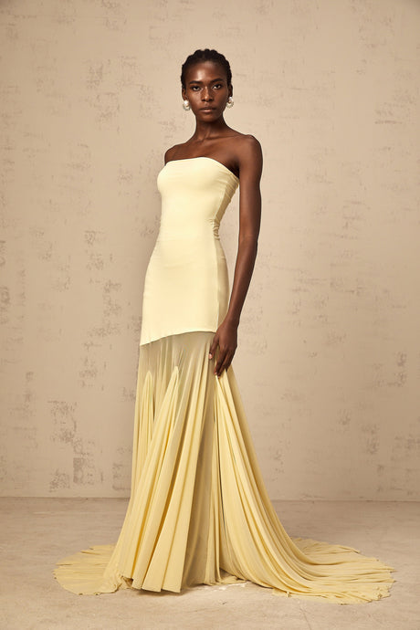 Aurohaya Josiane yellow off-shoulder sheer tulle maxi dress