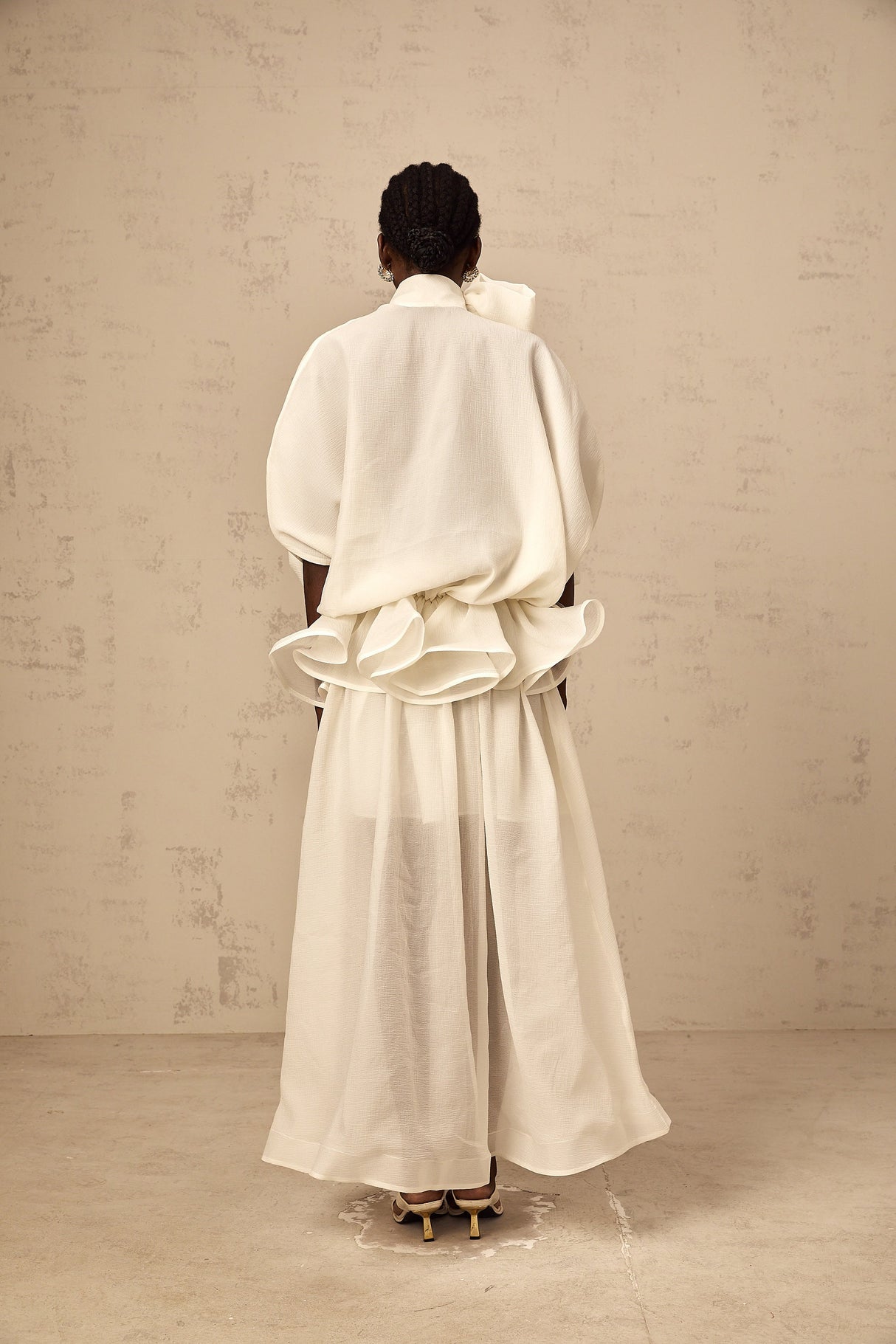 Aurohaya Honorine white tie-neck ruffled maxi dress