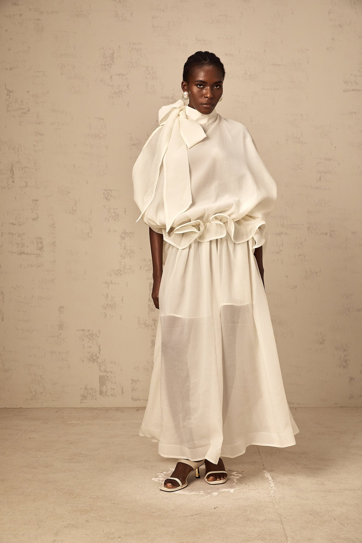 Aurohaya Honorine white tie-neck ruffled maxi dress