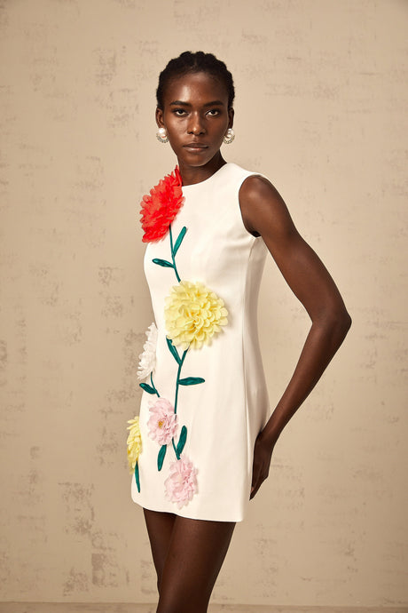 Aurohaya Véronique white 3d-petal sleeveless mini dress
