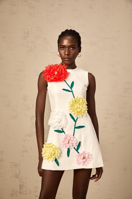 Aurohaya Véronique white 3d-petal sleeveless mini dress