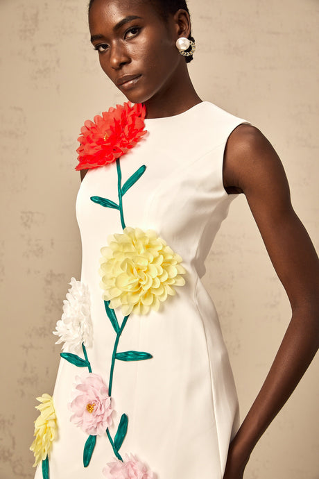 Aurohaya Véronique white 3d-petal sleeveless mini dress
