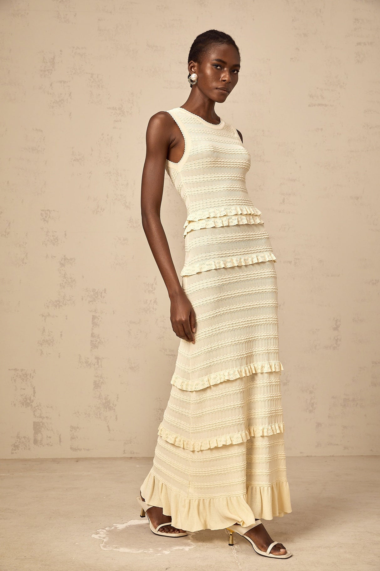 Aurohaya Airelle beige ruffled sleeveless knit maxi dress