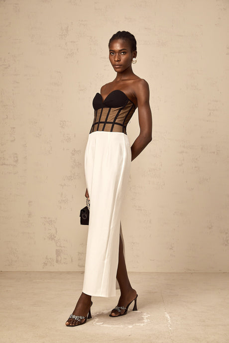 Aurohaya Enora contrast-color sheer corset maxi dress