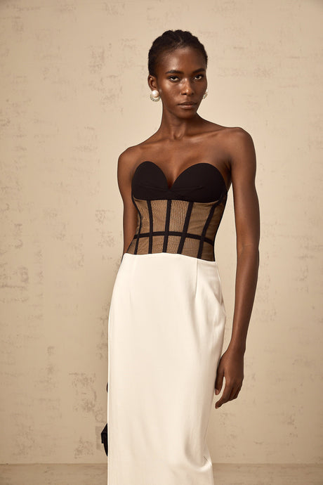 Aurohaya Enora contrast-color sheer corset maxi dress