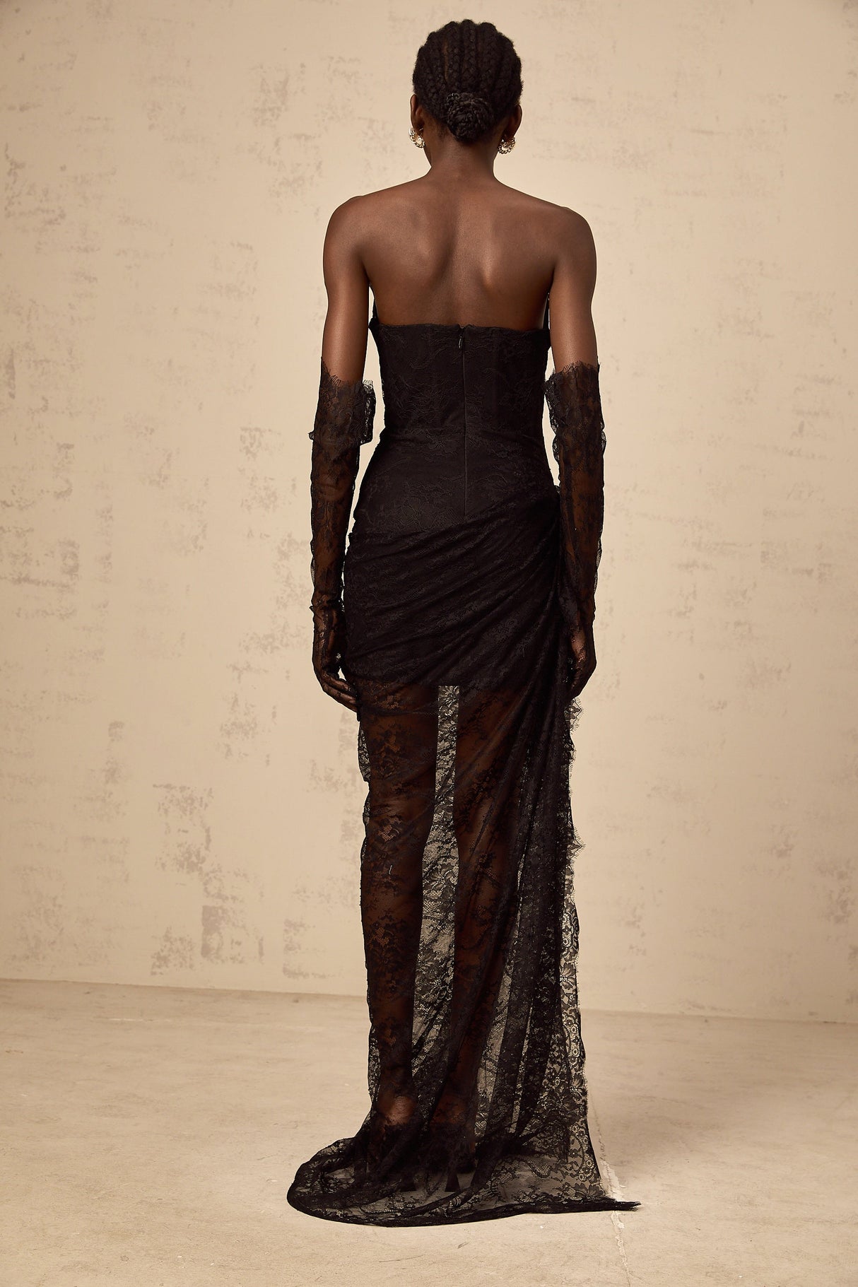 Aurohaya Sylvie black beaded asymmetrical lace maxi dress