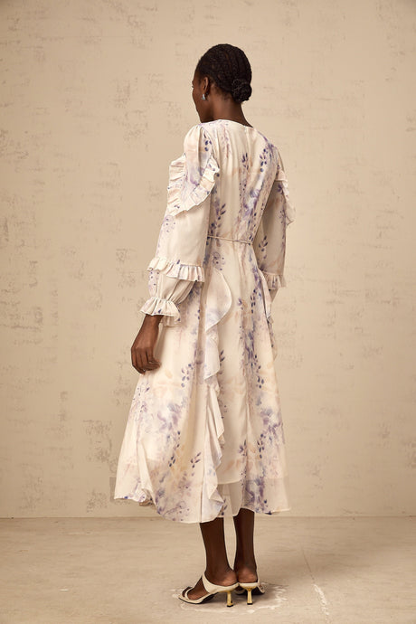 Aurohaya Vivien neutrals wistaria-print flared midi dress
