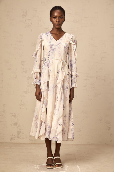 Aurohaya Vivien neutrals wistaria-print flared midi dress