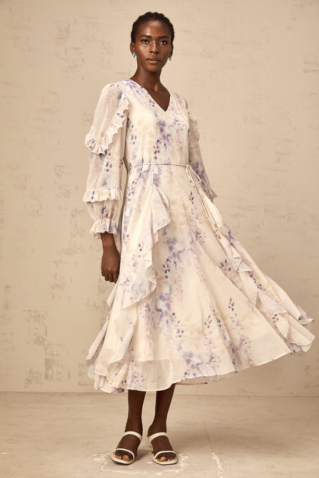 Aurohaya Vivien neutrals wistaria-print flared midi dress
