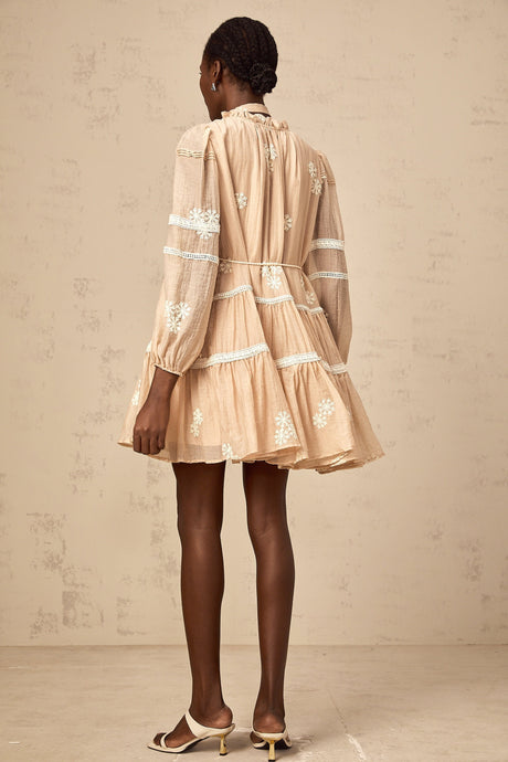Aurohaya Margaux neutrals flower-embroidered tiered mini dress