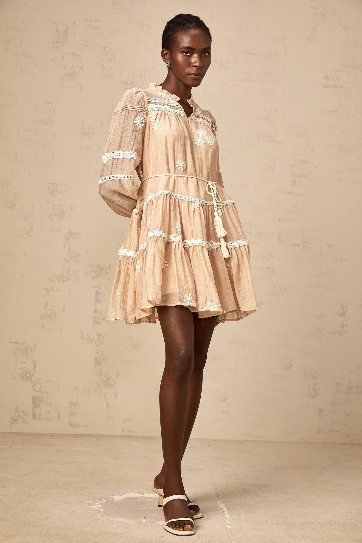 Aurohaya Margaux neutrals flower-embroidered tiered mini dress