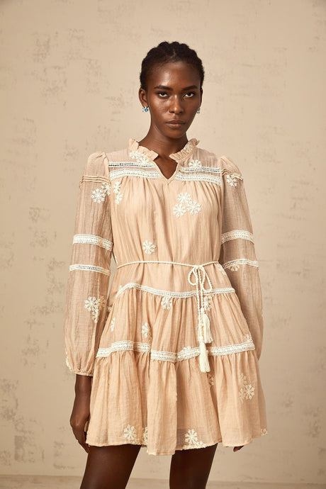 Aurohaya Margaux neutrals flower-embroidered tiered mini dress
