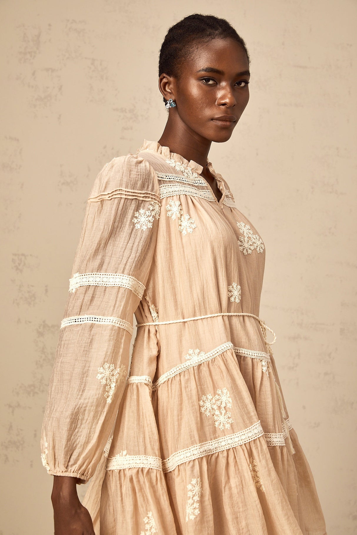 Aurohaya Margaux neutrals flower-embroidered tiered mini dress