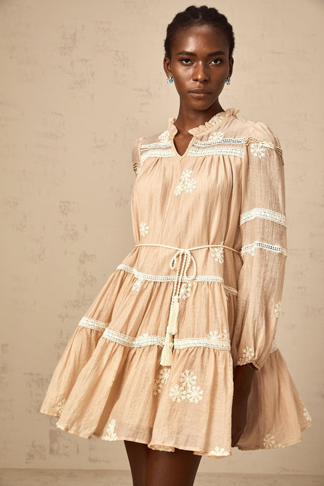 Aurohaya Margaux neutrals flower-embroidered tiered mini dress