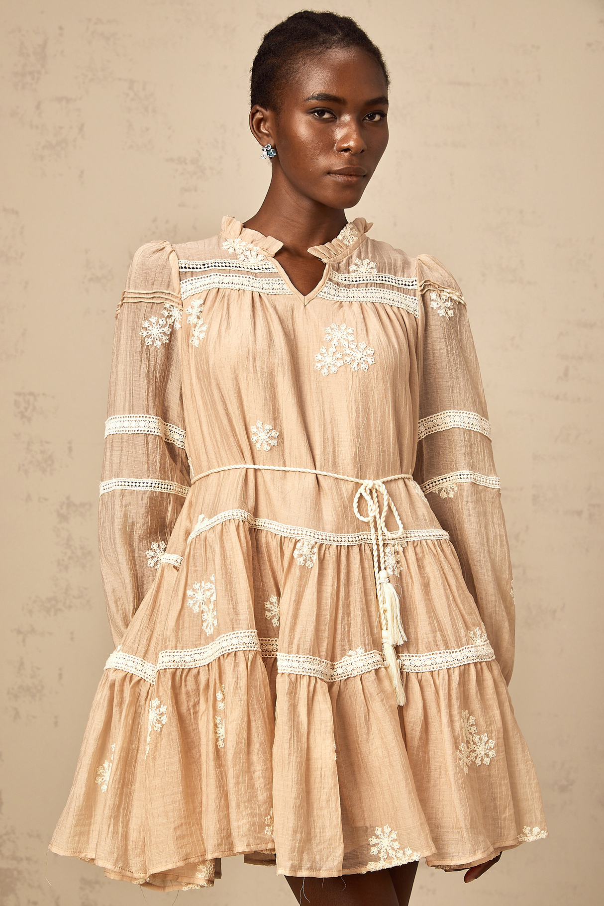 Aurohaya Margaux neutrals flower-embroidered tiered mini dress