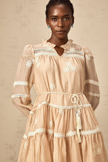 Aurohaya Margaux neutrals flower-embroidered tiered mini dress