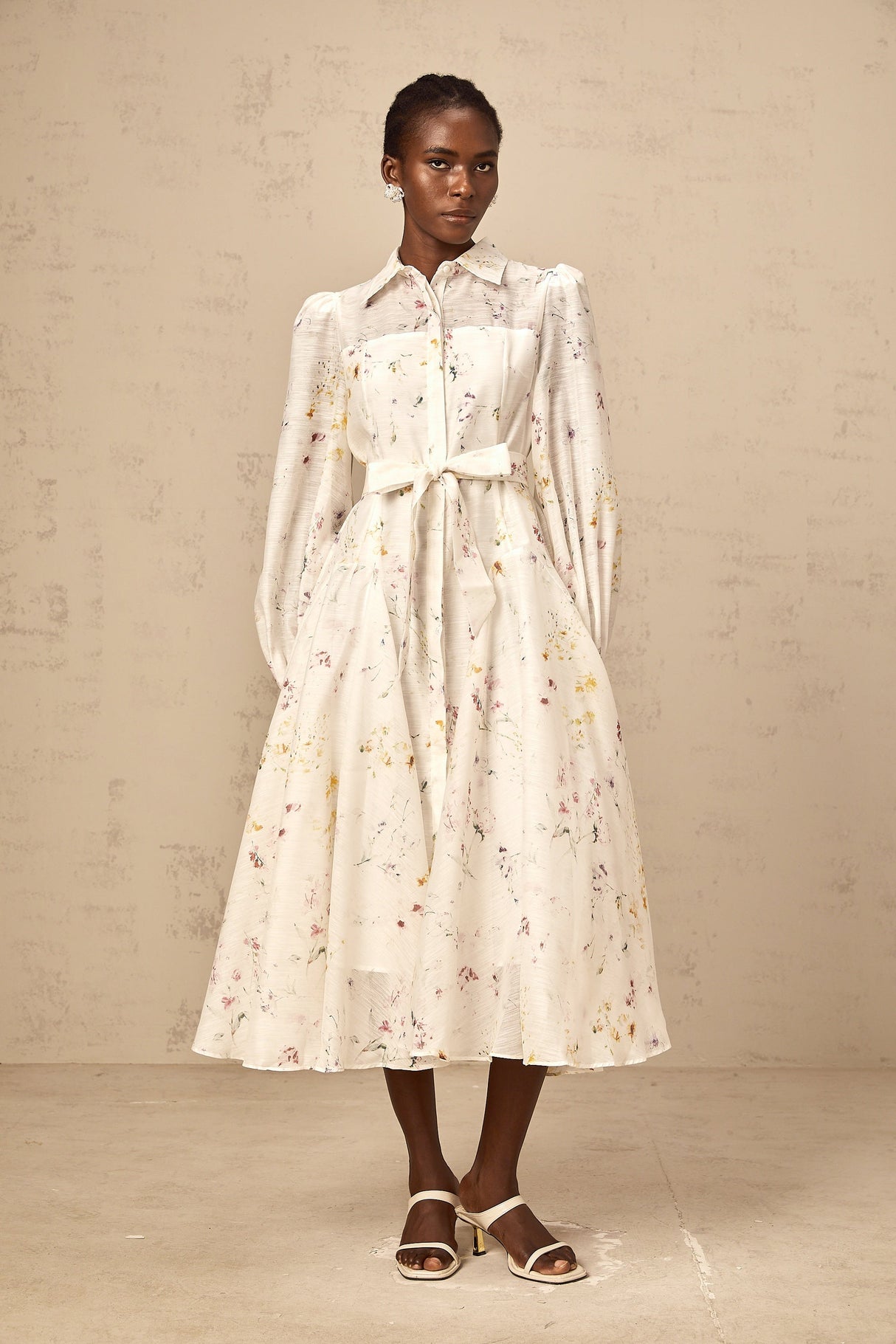Aurohaya Zoé white floral-print tied midi dress