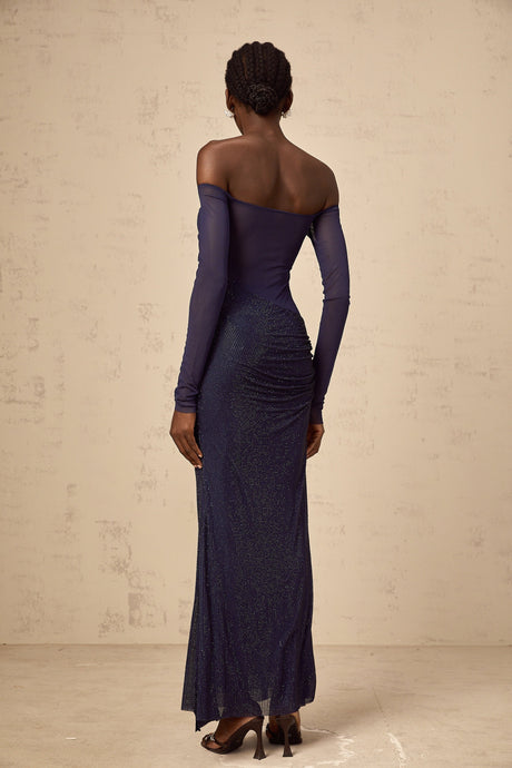 Aurohaya Hermine dark-blue embellished tulle-panel corset maxi dress