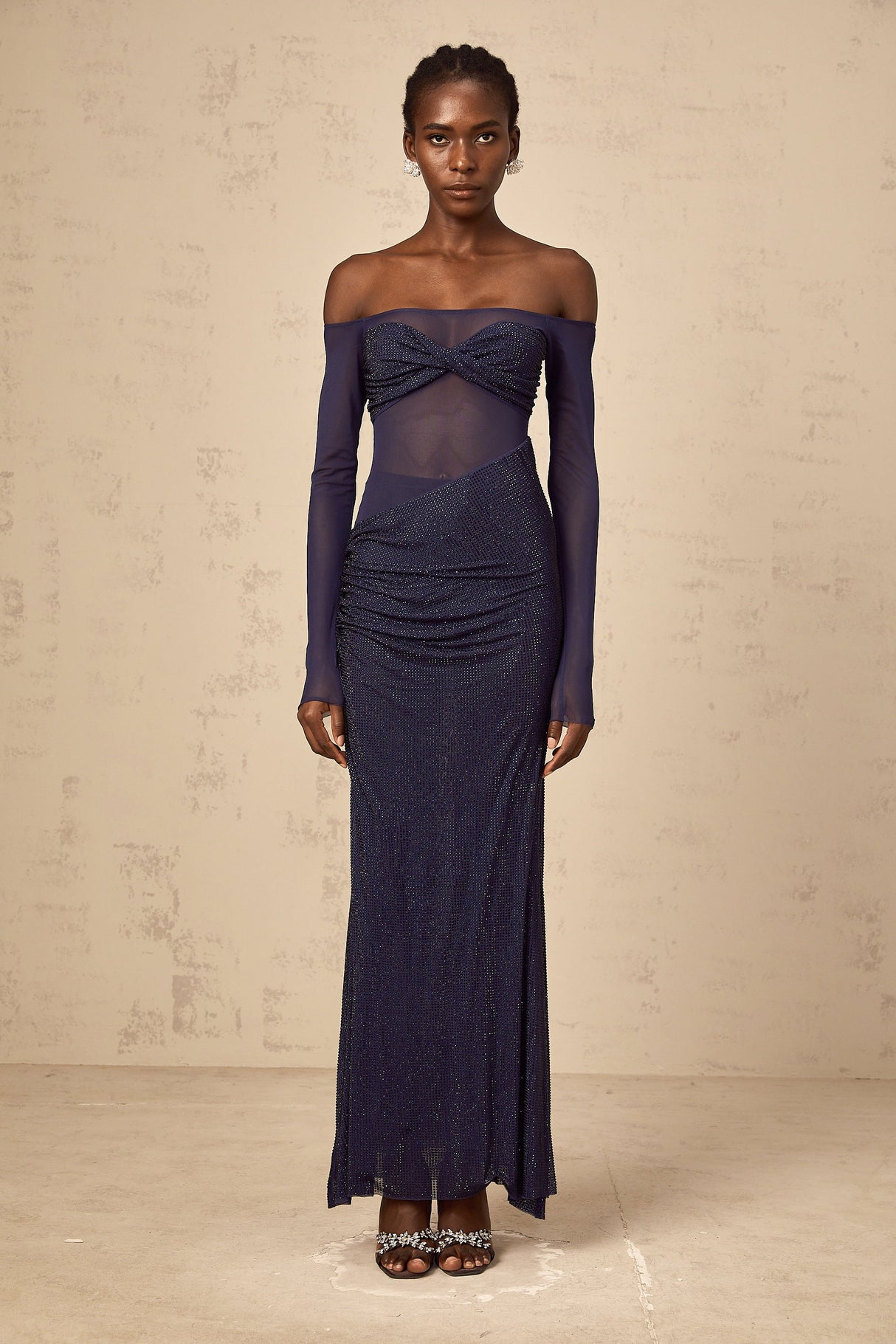 Aurohaya Hermine dark-blue embellished tulle-panel corset maxi dress