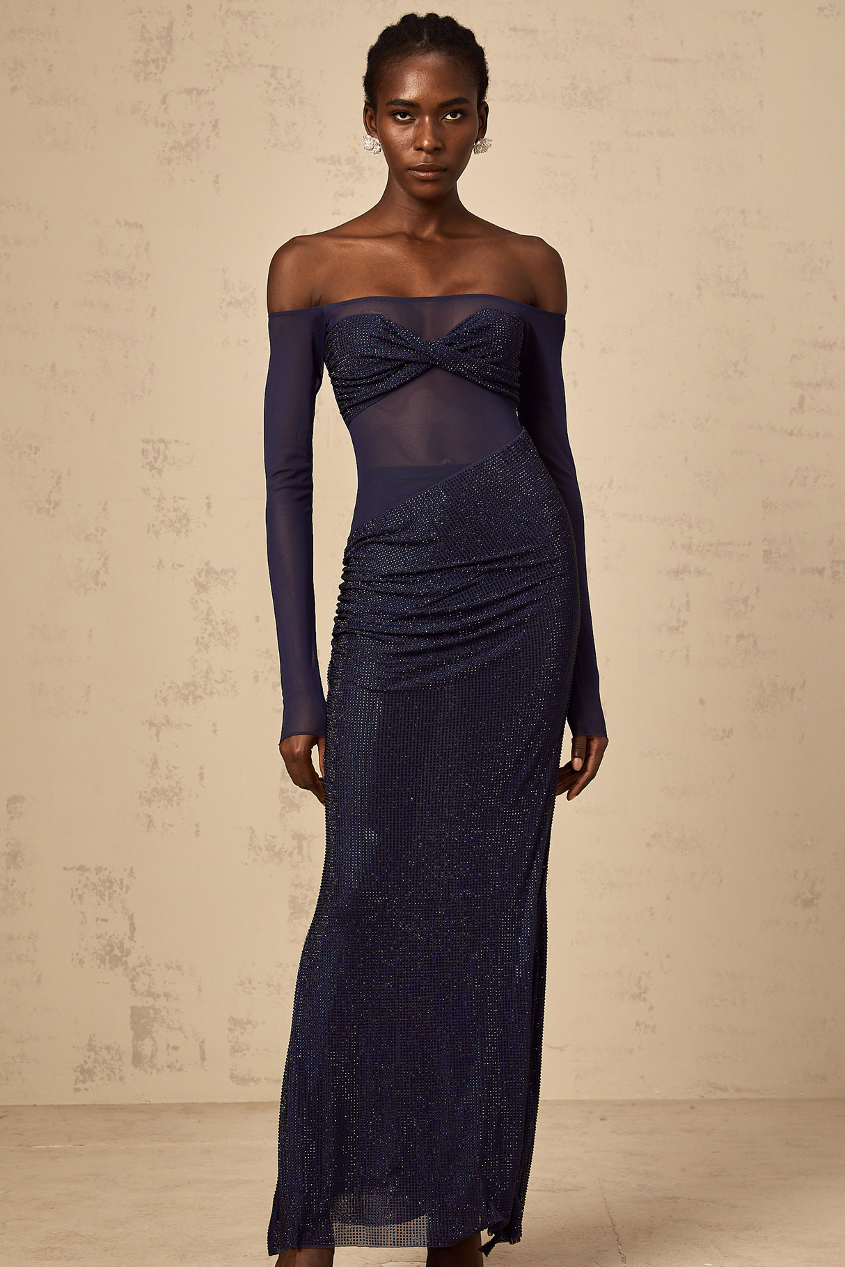 Aurohaya Hermine dark-blue embellished tulle-panel corset maxi dress