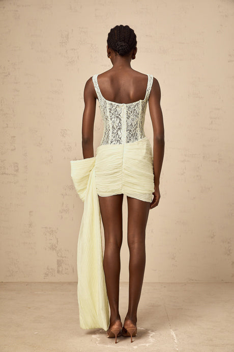 Aurohaya Gabrielle neutrals bowknot floral-lace-penal mini dress