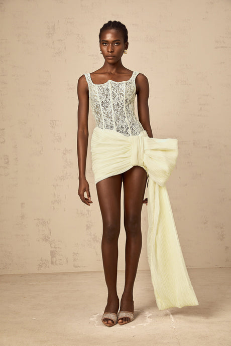 Aurohaya Gabrielle neutrals bowknot floral-lace-penal mini dress