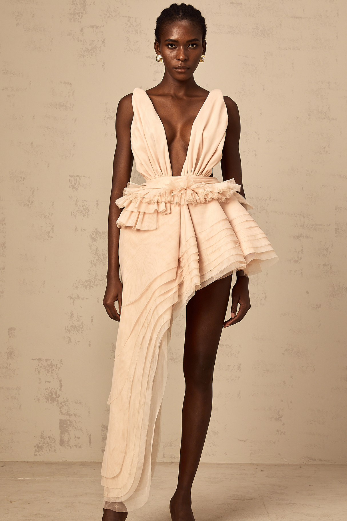Aurohaya Isoline ribbon-design asymmetrical mini dress in Neutrals