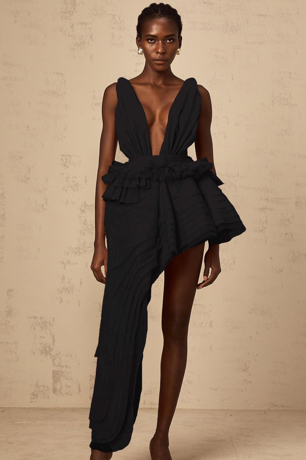 Aurohaya Isoline ribbon-design asymmetrical mini dress in Black