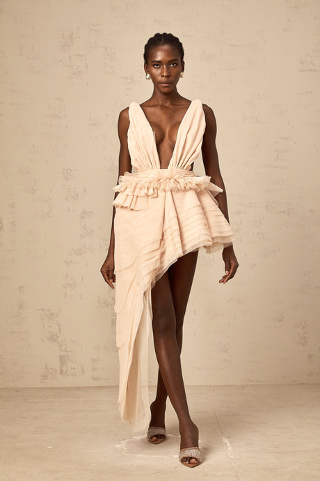 Aurohaya Isoline ribbon-design asymmetrical mini dress in Neutrals