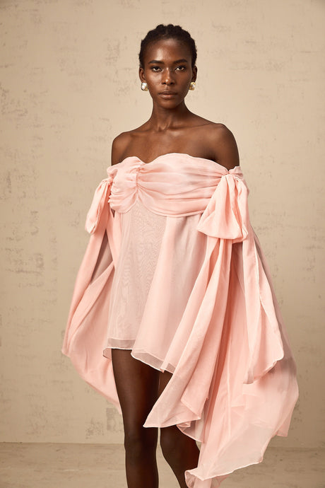 Aurohaya Avril pink bow draped slip mini dress