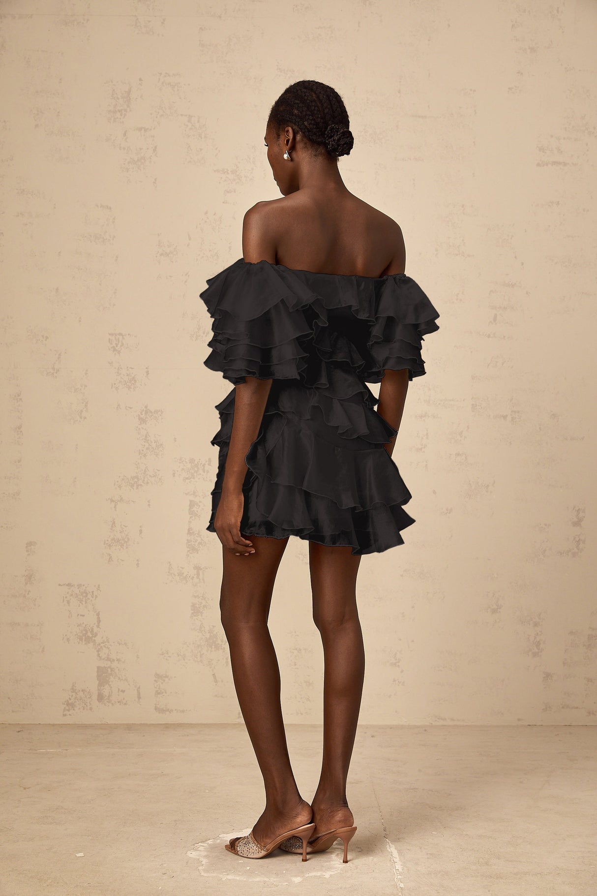 Aurohaya Cerise asymmetrical flounce mini dress in Black