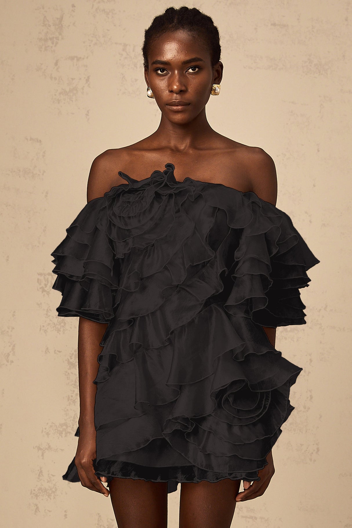 Aurohaya Cerise asymmetrical flounce mini dress in Black