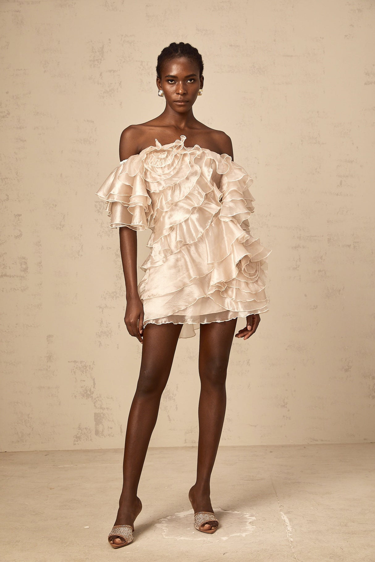 Aurohaya Cerise asymmetrical flounce mini dress in Neutrals