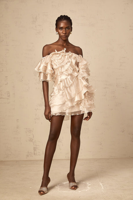 Aurohaya Cerise asymmetrical flounce mini dress in Neutrals