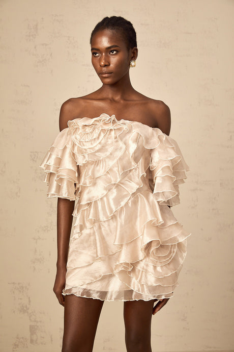 Aurohaya Cerise asymmetrical flounce mini dress in Neutrals