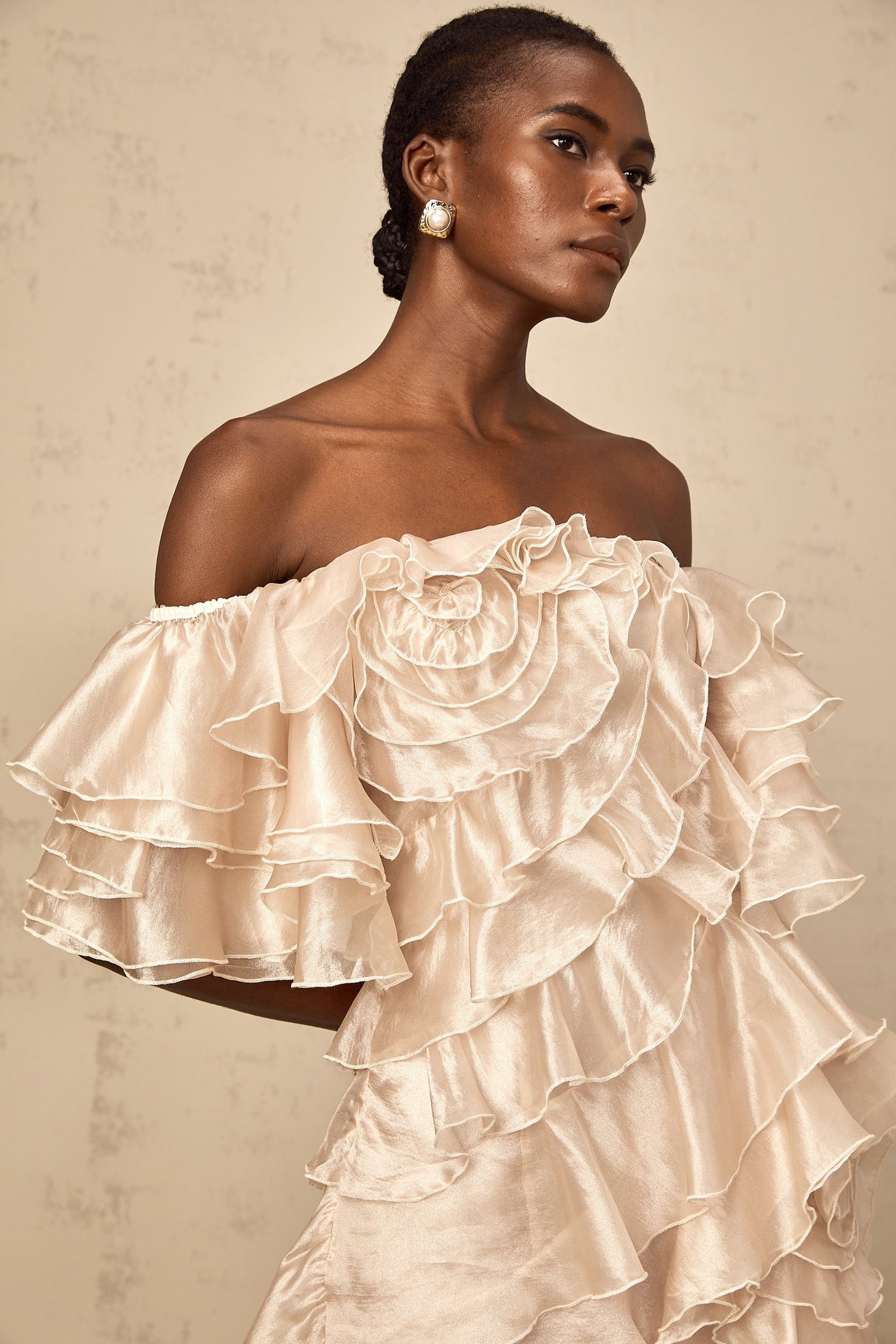 Aurohaya Cerise asymmetrical flounce mini dress in Neutrals