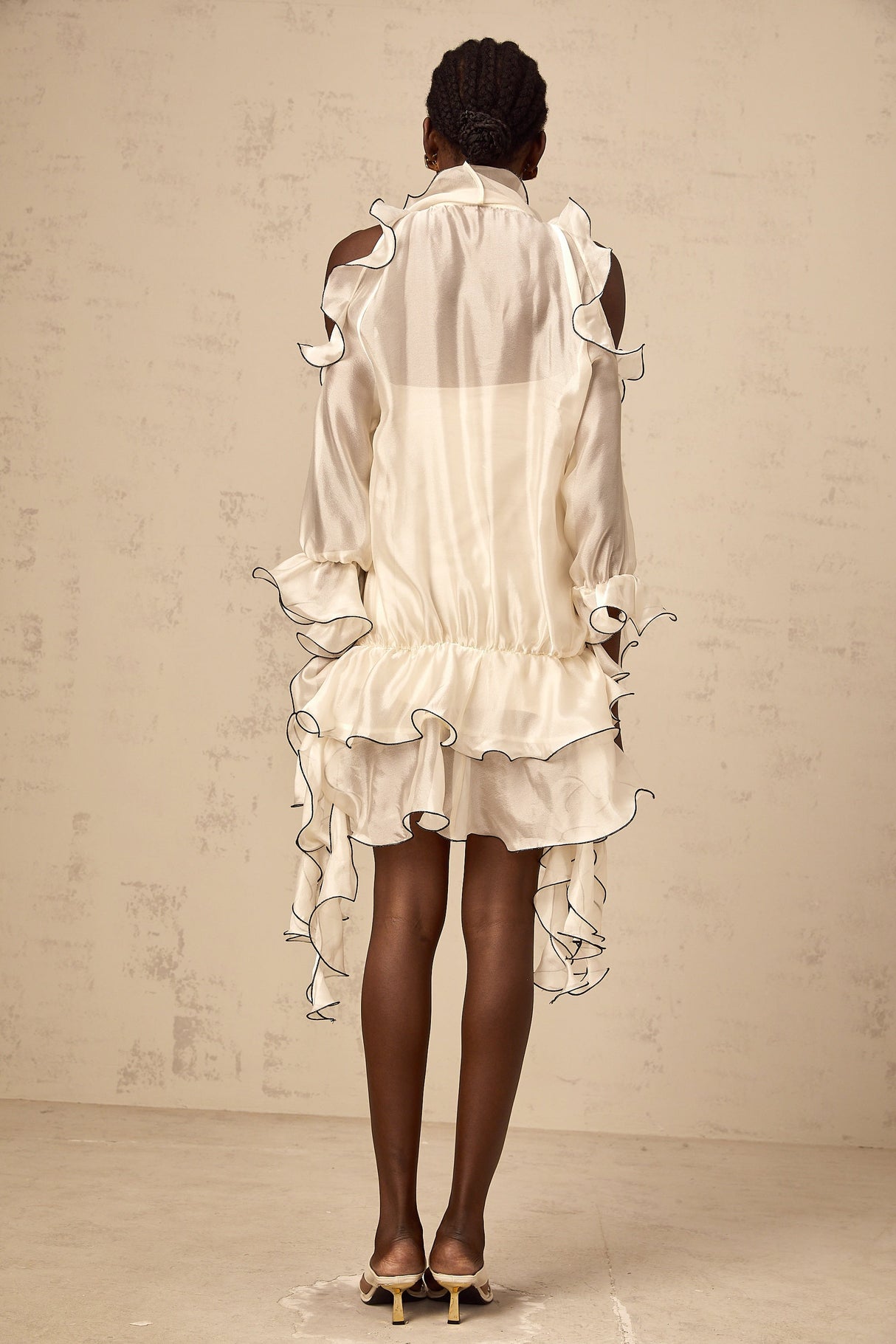 Aurohaya Tiphaine white ribbon-detail flounce mini dress