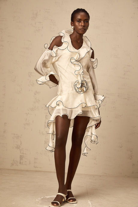 Aurohaya Tiphaine white ribbon-detail flounce mini dress