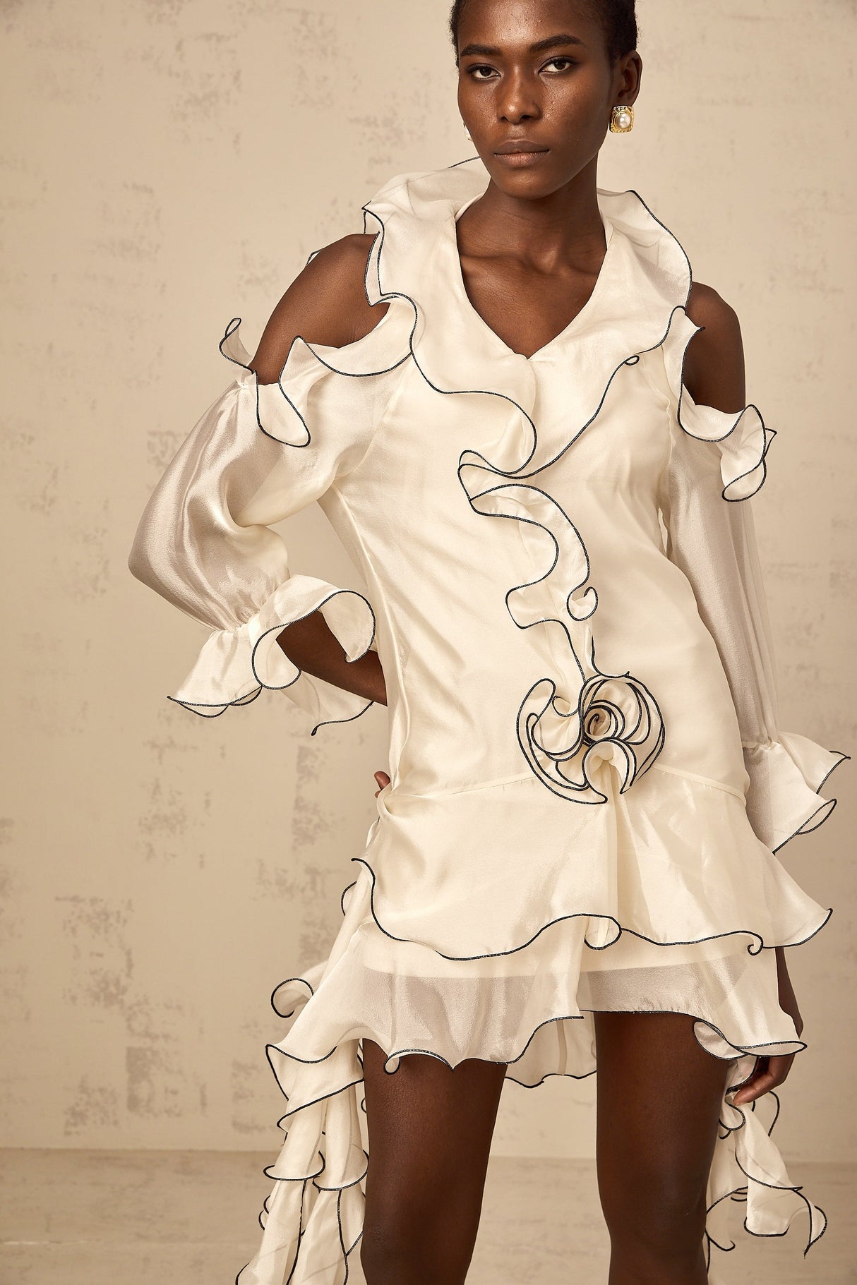Aurohaya Tiphaine white ribbon-detail flounce mini dress