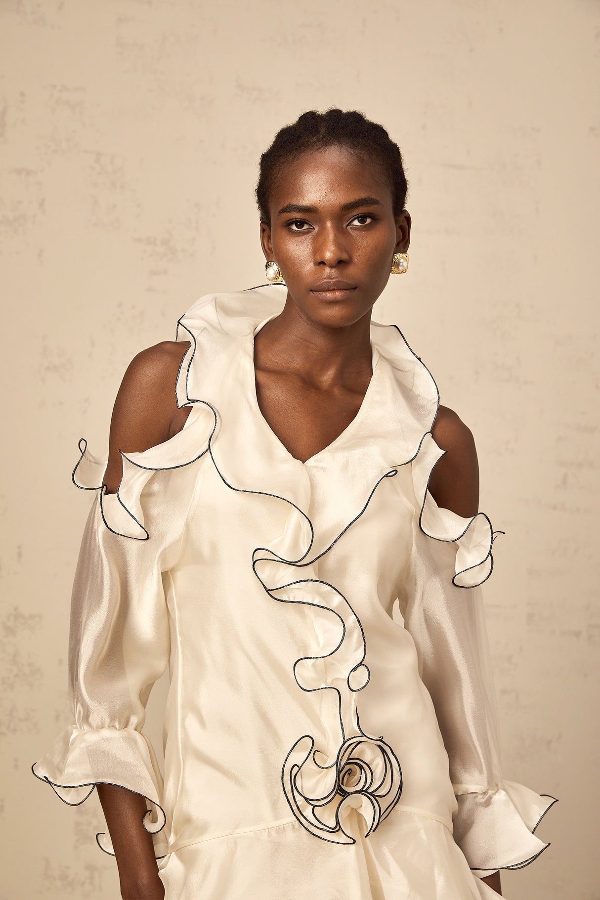 Aurohaya Tiphaine white ribbon-detail flounce mini dress