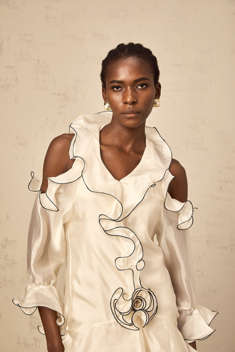 Aurohaya Tiphaine white ribbon-detail flounce mini dress