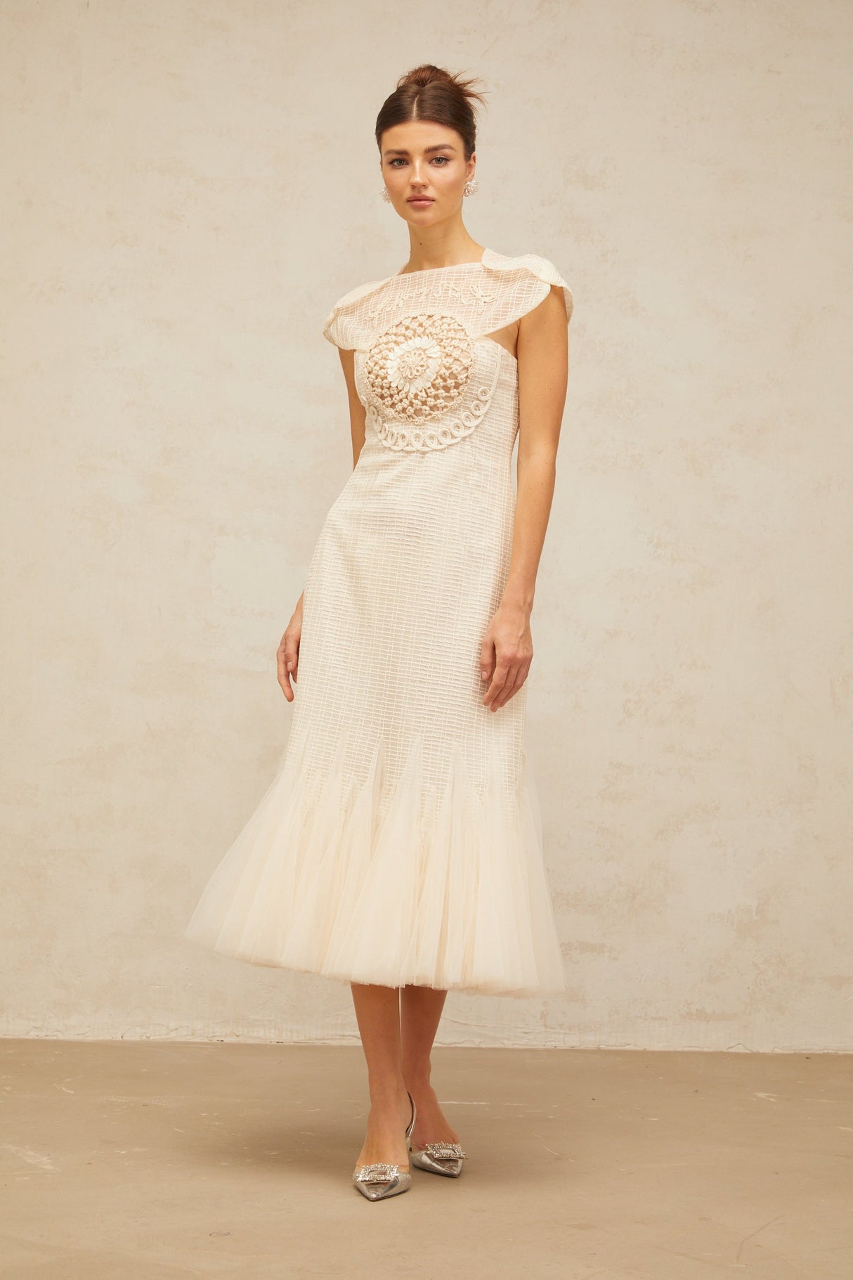 Aurohaya Bérengère white jacquard tulle-panel midi dress