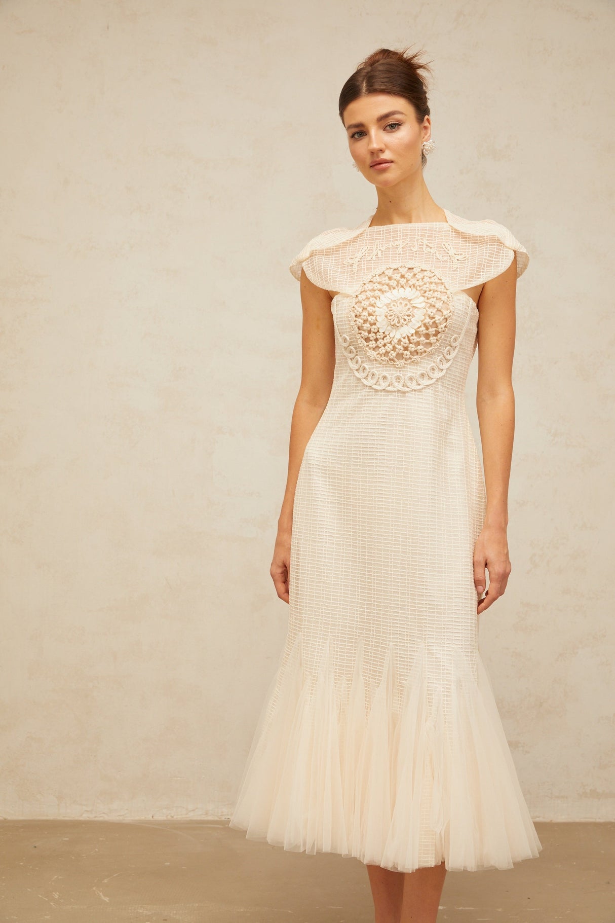Aurohaya Bérengère white jacquard tulle-panel midi dress