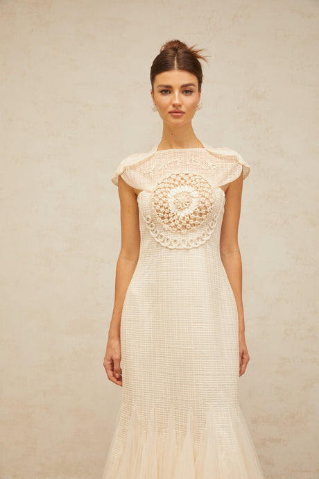 Aurohaya Bérengère white jacquard tulle-panel midi dress