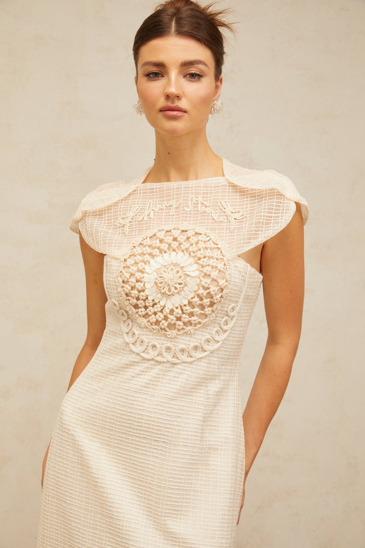 Aurohaya Bérengère white jacquard tulle-panel midi dress